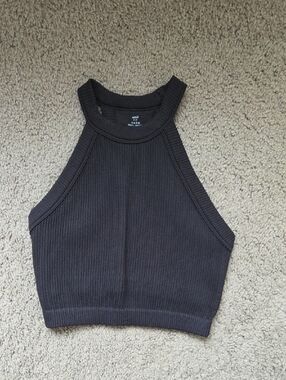 Aerie Superchill Ribbed High Neck Bra Crop Top Black